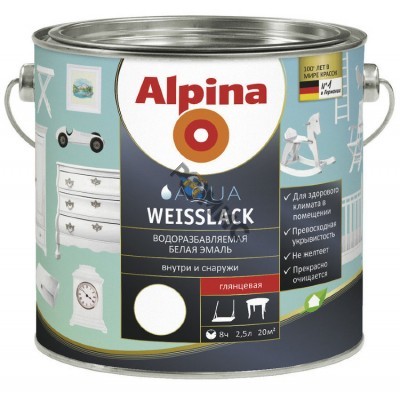 Эмаль акриловая Alpina Aqua Weisslack Водоразбавляемая белая глянцевая 2,5 л