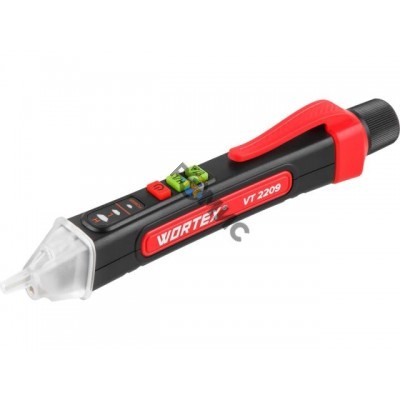Бесконтактный индикатор напряжения WORTEX VT 2209 12-1000 В, световая и звуковая индикация (Встроенный фонарь и лазерная указка, батарейки в комплекте